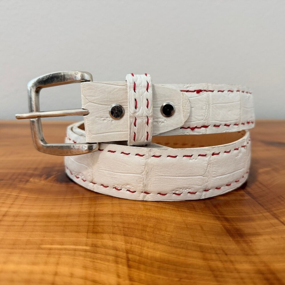C.S. Murray Handmade White Leather with Red Contrasting Red Stitching Men's Belt